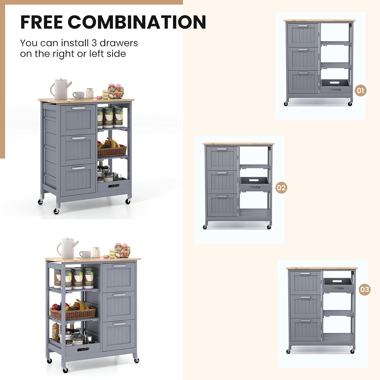 Giantex Kitchen Island Cart on Wheels, Rolling Utility Cart w/Rubber Wood Top, 3 Storage Drawers & 2 Removable Shelves & Removable Tray, Lockable Casters, Serving Cart for Dining Room, Bar, Grey