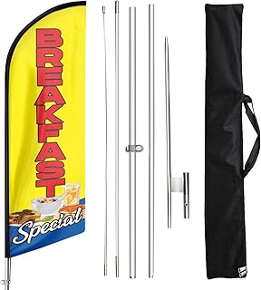 Breakfast Swooper Flag, 11Feet Breakfast Special Restaurant Advertising Feather Banner and Ground Stake, Feather Flags Pole Kit for Breakfast (Yellow)