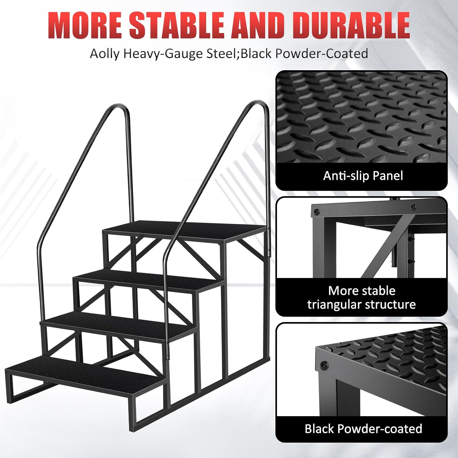 Close-up images highlighting the anti-slip panel, stable triangular structure, and black powder-coated finish of the RV stairs.
