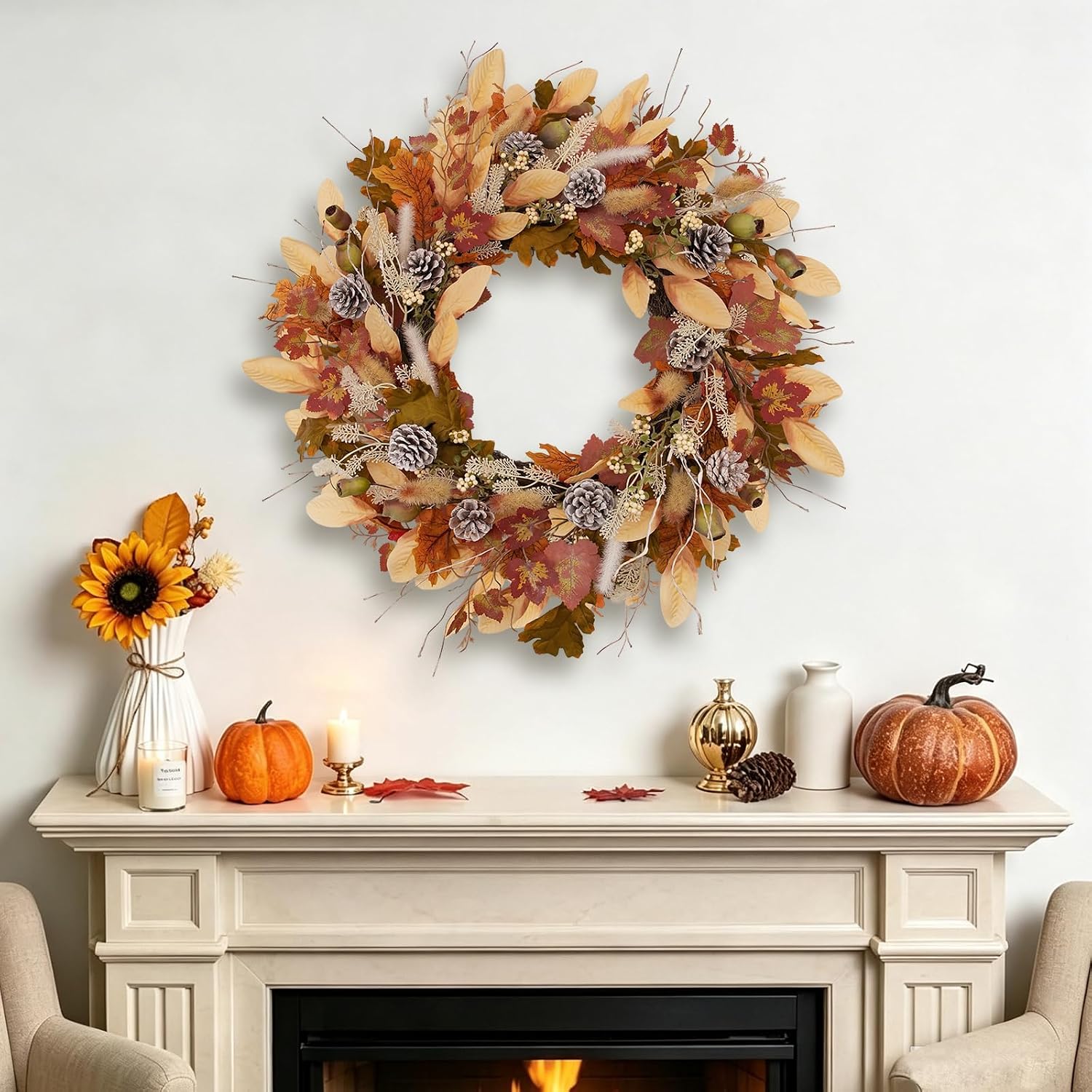 24 Inch Woodland Fall Wreath, Rustic Farmhouse Autumn Wreath with Frosted Pinecones, Bunny Tail Grass, Acorns & Magnolia Leaves, Seasonal Wreath for Front Door Indoor Outdoor Thanksgiving Decor