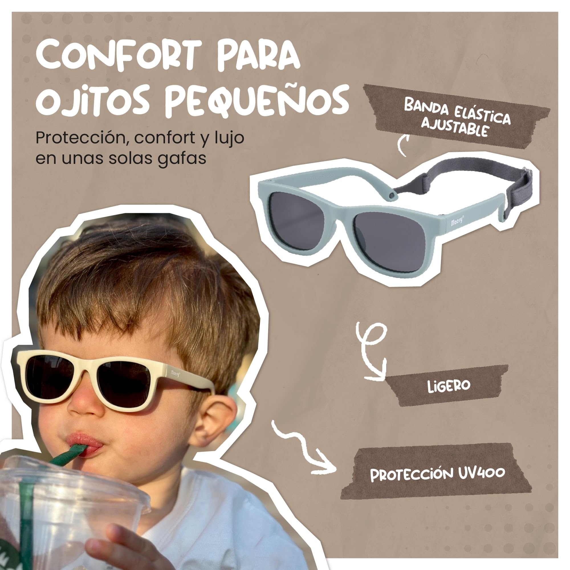 Gafas de Sol para Bebé, 0-2 Años, Protección Polarizada UV400, Montura Flexible y Blanda, Cinta Elástica Ajustable, Gafas de Sol Seguras y Cómodas para Bebés, Indi