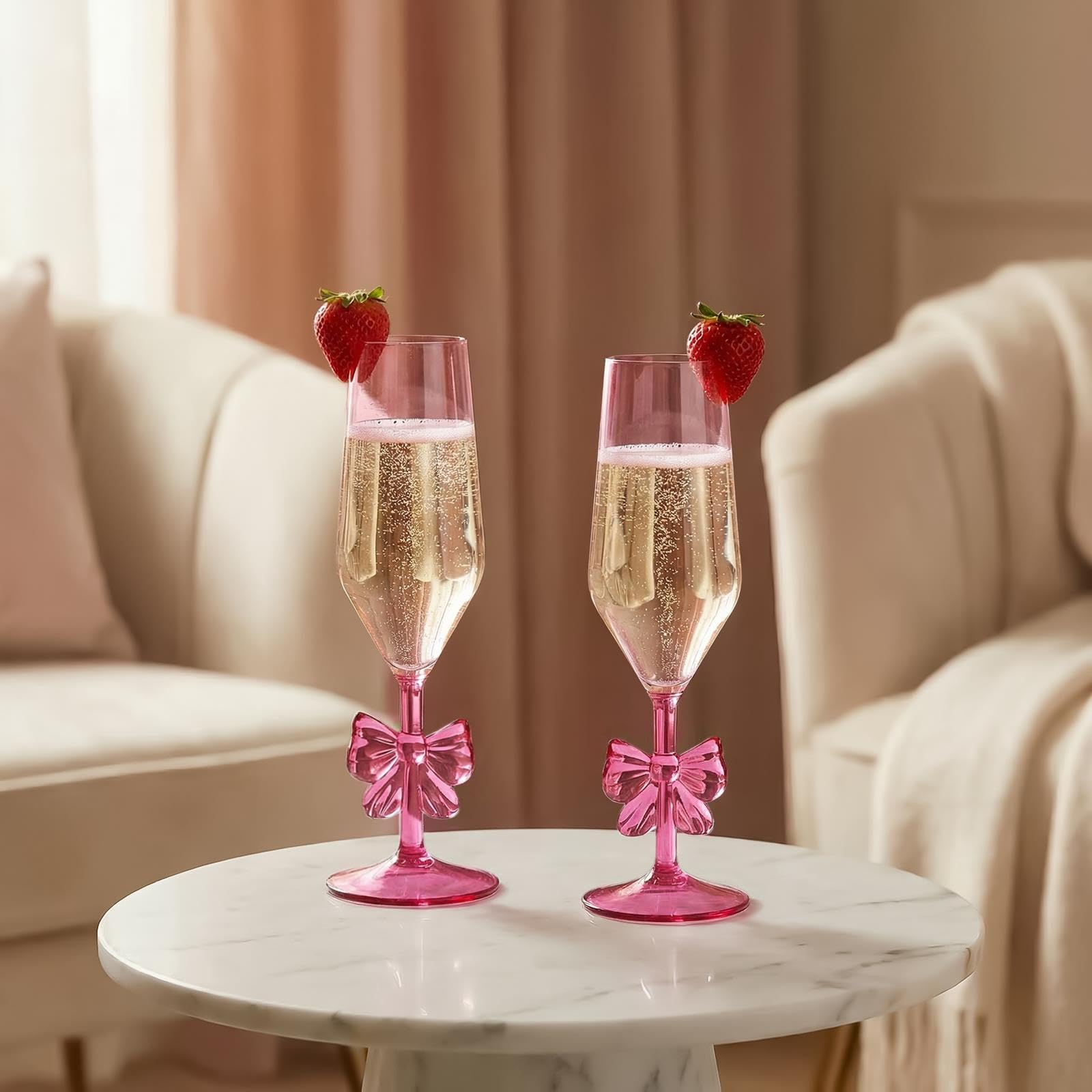 OHS Bow Plastic Champagne Flutes Set of 2, Reusable Unbreakable Prosecco Glasses Sparkling Champagne Glasses Wine Cups Elegant Tall Celebration Plastic Flutes for Cocktail Weddings Parties, Pink
