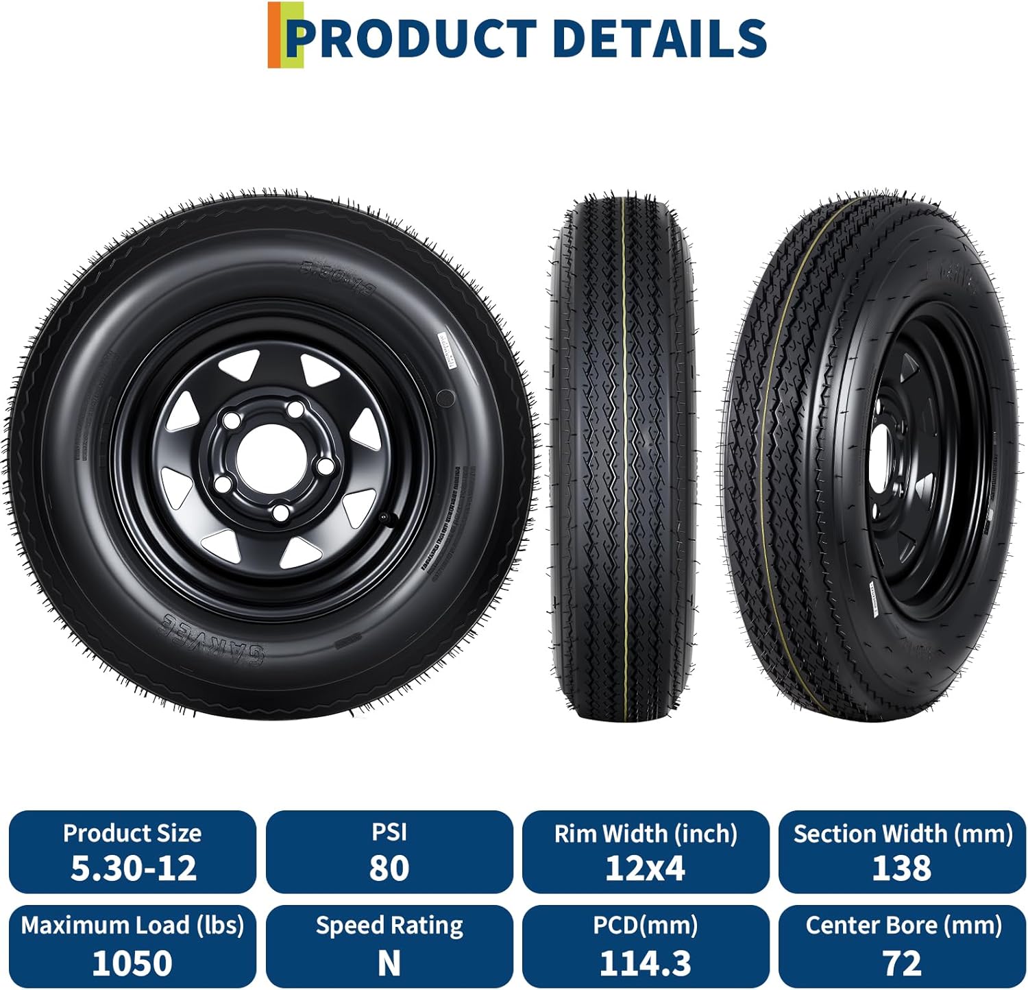 Garvee 2-Pack 5.30-12 5.30x12 530-12 Trailer Tires with 12" Rims, 5 Lug on 4.5" Bolt Pattern, 6PR Load Range C, Heavy Duty 5.30x12 5.3-12 Tires for Utility, Boat, Camper, Cargo Trailers