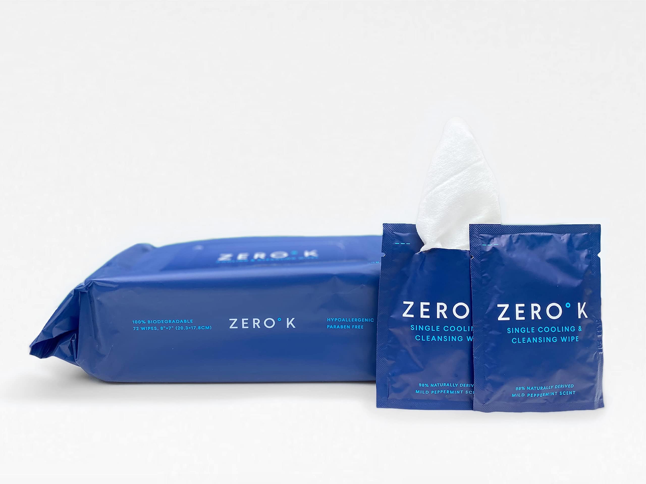 Zero K Cleansing Wet Wipes – Individually Wrapped Moist Towelettes Infused with 98% Natural Solution Including Peppermint Oil, Menthol, Witch Hazel (30-Count Box)