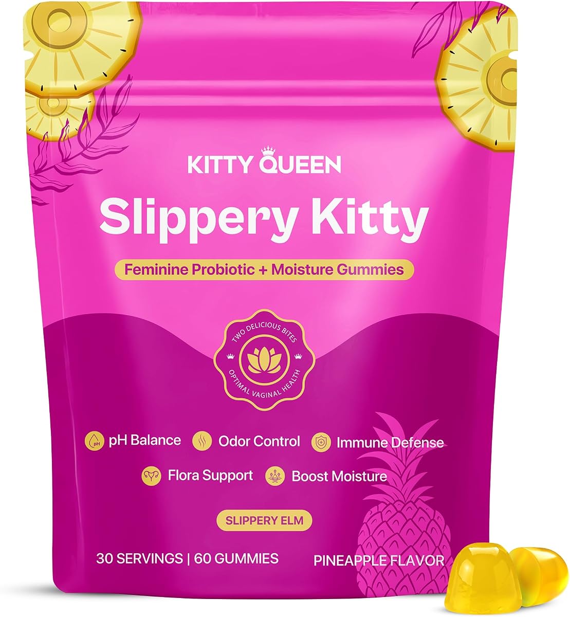 KITTYQUEEN Slippery Kitty Vaginal Probiotic and Moisture Gummies, 60 Count | Pineapple Flavor, Women's Probiotic Gummies for Feminine Health, pH Balance, Odor Control, Flora Support and Moisture Boost