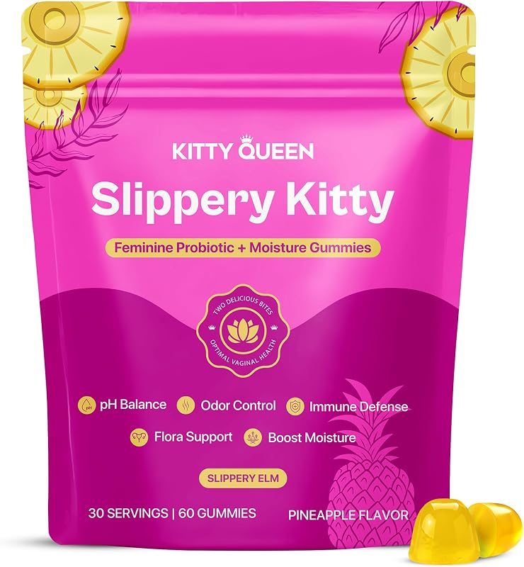 KITTYQUEEN Slippery Kitty Vaginal Probiotic and Moisture Gummies, 60 Count | Pineapple Flavor, Women's Probiotic Gummies for Feminine Health, pH Balance, Odor Control, Flora Support and Moisture Boost