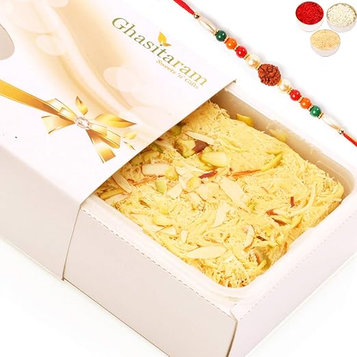 Ghasitaram Gifts Rakhi Gifts for Brothers Rakhi Sweets Box - Soan Papdi (200 GMS) with Rudraksh Rakhi