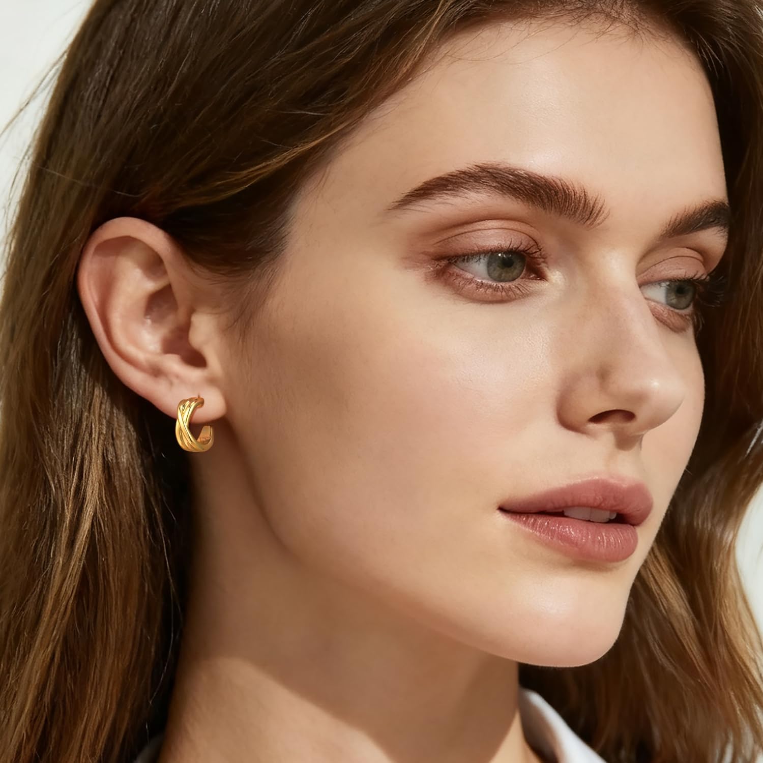 14K Gold Earrings for Women Gold Hoop Earrings Studs Striking Double X-Shaped Design Cute Hoop Earring Womens Stud Trendy 17mm