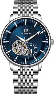 GLENAWメンズ腕時計 トゥールビヨン スケルトン ルミナス ラグジュアリー 機械式 自動巻き メンズ腕時計 防水, 8990-シルバーケースブルーフェイス, クラシック