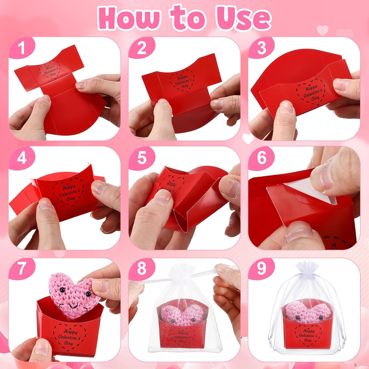 Norme 24 Sets Heart Crochet Pattern Pocket Hug, Mini Thank You Gifts Knitted Heart Mini Size DIY Pocket Hug Cheer Up Gift For Couples Valentine's Day And Family Friends Gifts (Rose Red)