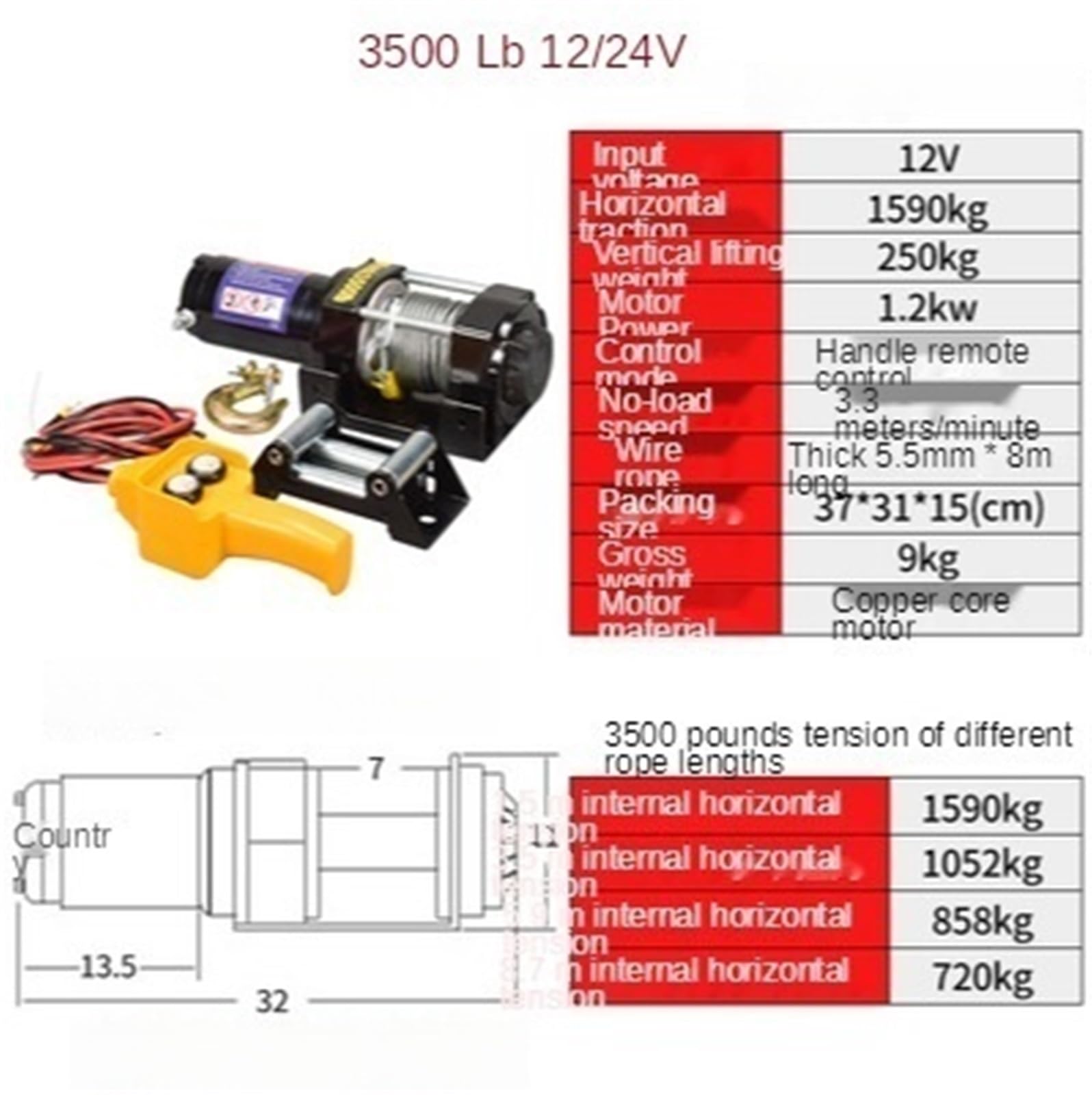 Verricello 12/24 V 2000/3000/4000/4500/6000/9500/12000 libbre