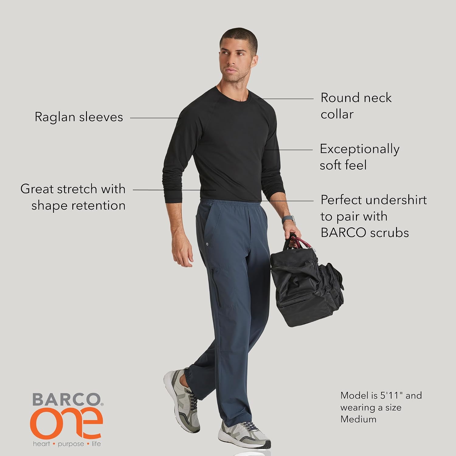 BARCO One Surge Relaxed Fit Underscrub for Men – Black, Long-Sleeve Scrub Base Layer w/ 360 Spandex Stretch, Moisture Wicking & Quick-Shed Fabric – Large, Regular Fit