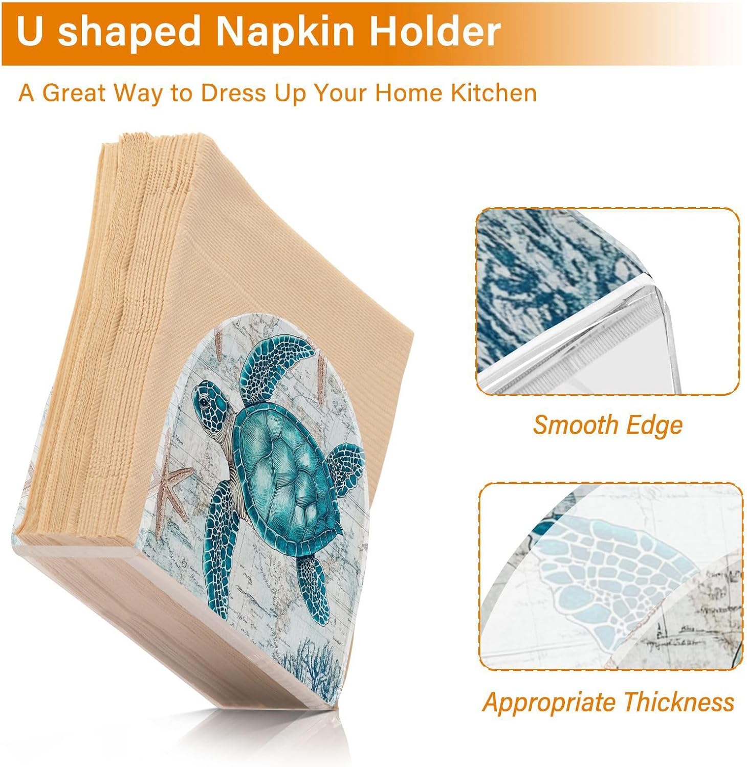 Vintage Sea Turtle Napkin Holder for Table Acrylic Cocktail Starfish Nautical Map Turtle Napkin Holders Decorative Tissue Paper Holder Vertical Napkin Dispenser for Home Kitchen Dining Decor