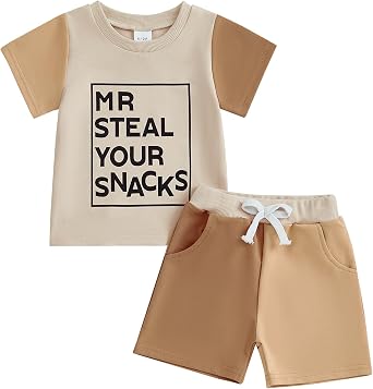 Bonangber Toddler Baby Boy Summer Outfit Color Block Letters T-shirt Short Sleeve Tops Shorts Cute Summer Clothes Set 2Pcs