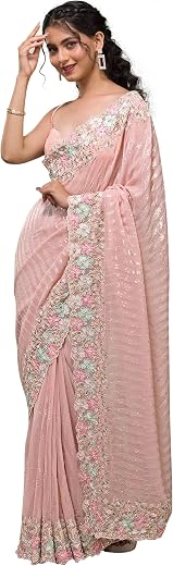 TRENDMALLS Women's Georgette Embroidery Sequence Work Saree With Unstitched Blouse Piece