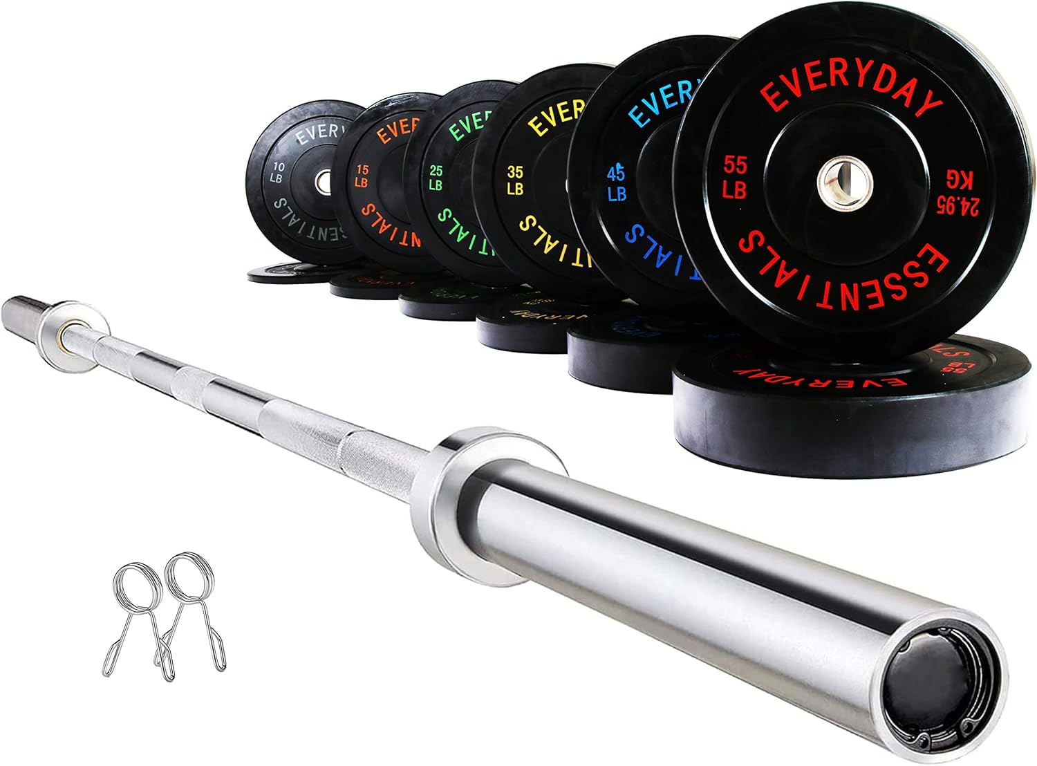 BalanceFrom Color Coded Black Olympic Bumper Plate Weight Plate with Steel Hub, 370LB Set with 7FT Olympic Barbell, 1x 7FT Olymic Barbell + 2x 10/15/25/35/45/55LB Bumper Plates