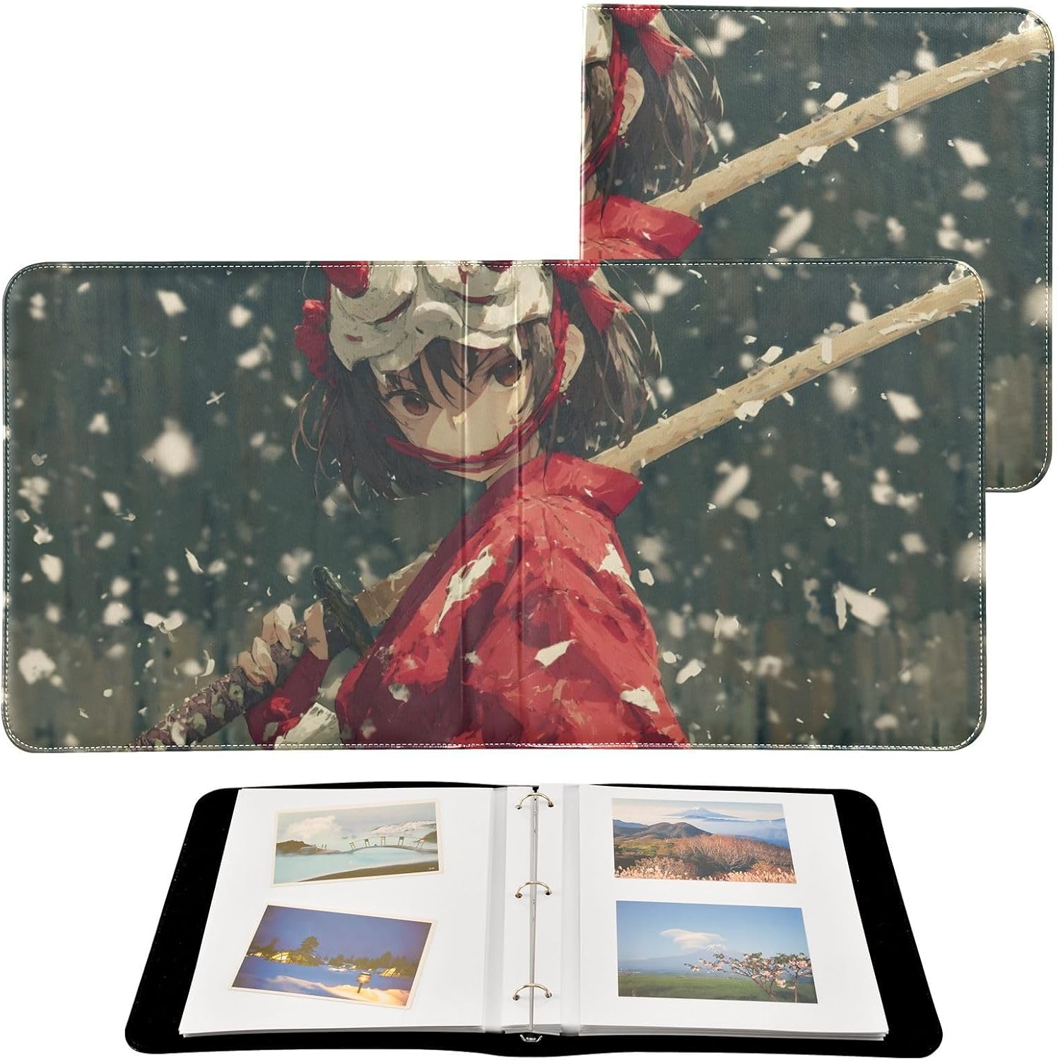 Oni Mask Woman Samurai Photo Album Self Adhesive Pictures Album with Leather Cover Scrapbook Hand Made DIY Albums with 20 Detachable Sheets (40 Pages) for 4"x6", 5"x7", 6"x8" Pictures