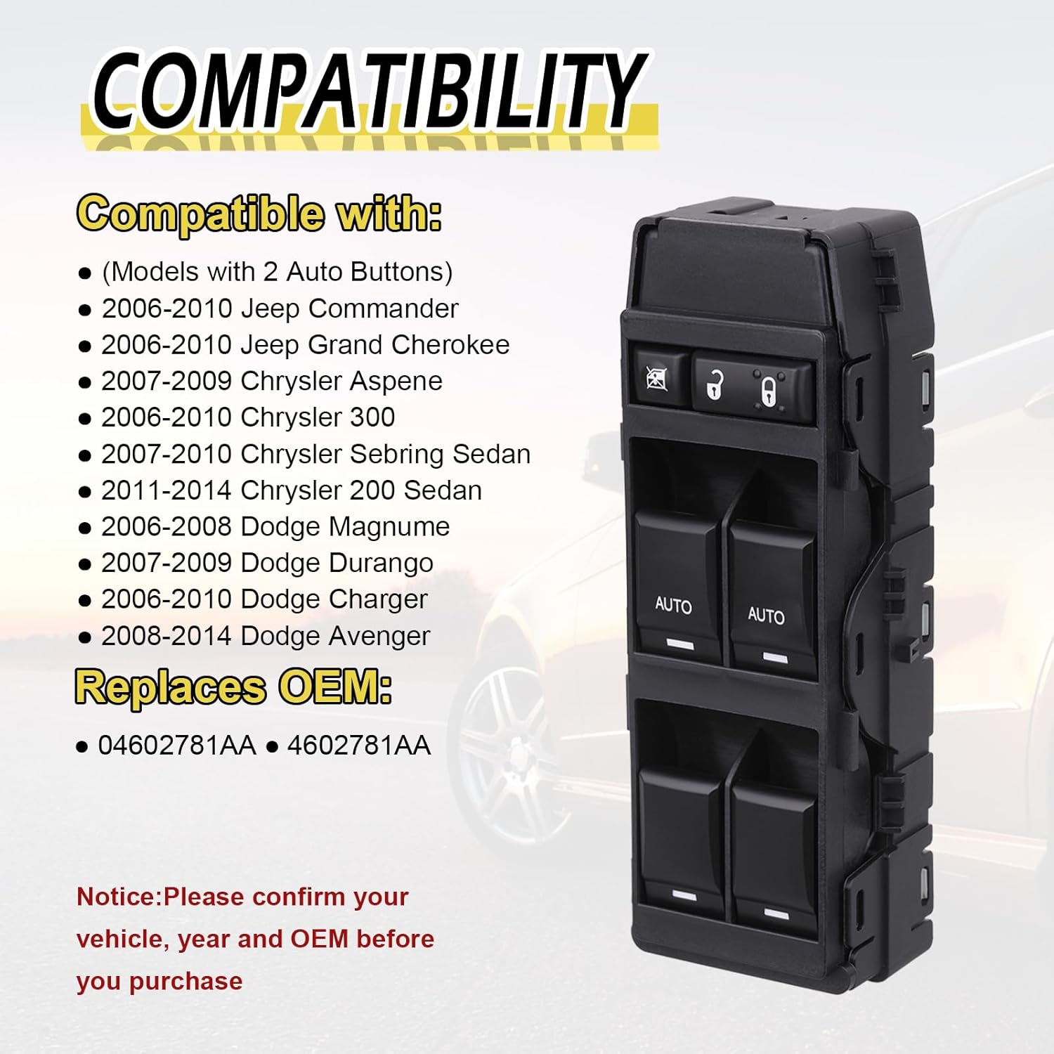 Vurkcy Power Window Switch Driver Side 6+8 Pins Fit for 2006-2010 Jeep Commander/Grand Cherokee, Chrysler Aspen/Chrysler/Sebring, Dodge Magnum/Durango/Avenger/Charger OEM 04602781AA