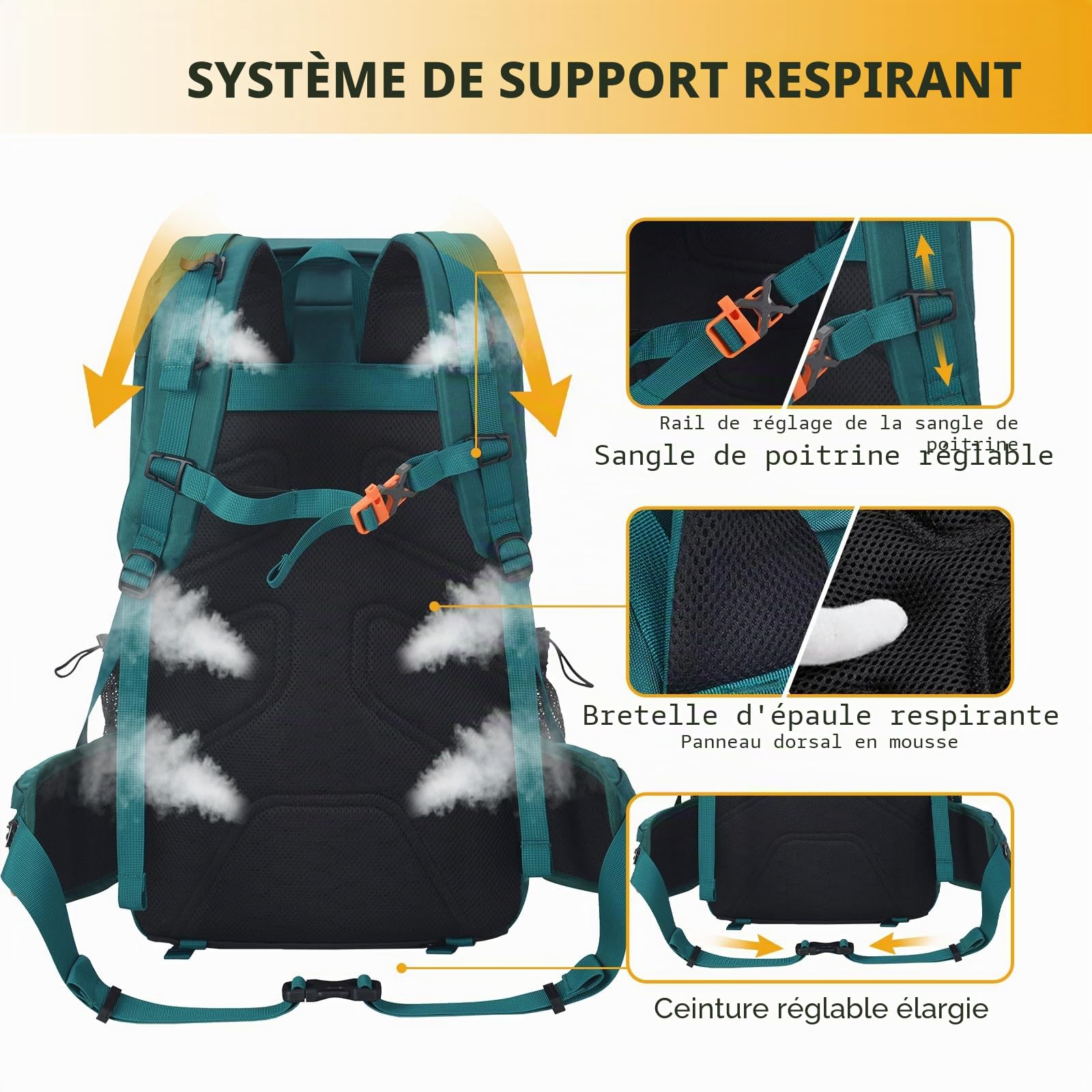 Bseash Sac à dos de randonnée imperméable 40 L avec housse de pluie, sac de voyage pour le camping, l'escalade, le cyclisme, le ski