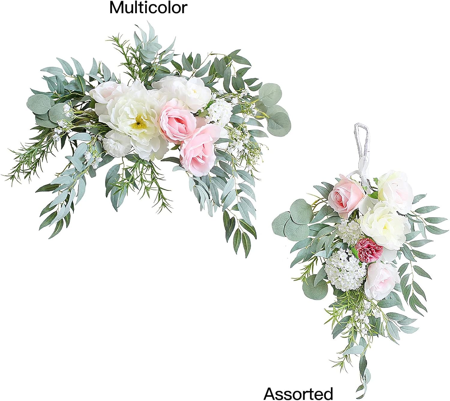 Artificial Peony Swag with Eucalyptus Leaves, Spring Floral Swag for Front Door, Wall Hanging Swag Handmade Garland Wreath Wedding Arch Flowers for Home Garden Decor 23.6x13.4 inch