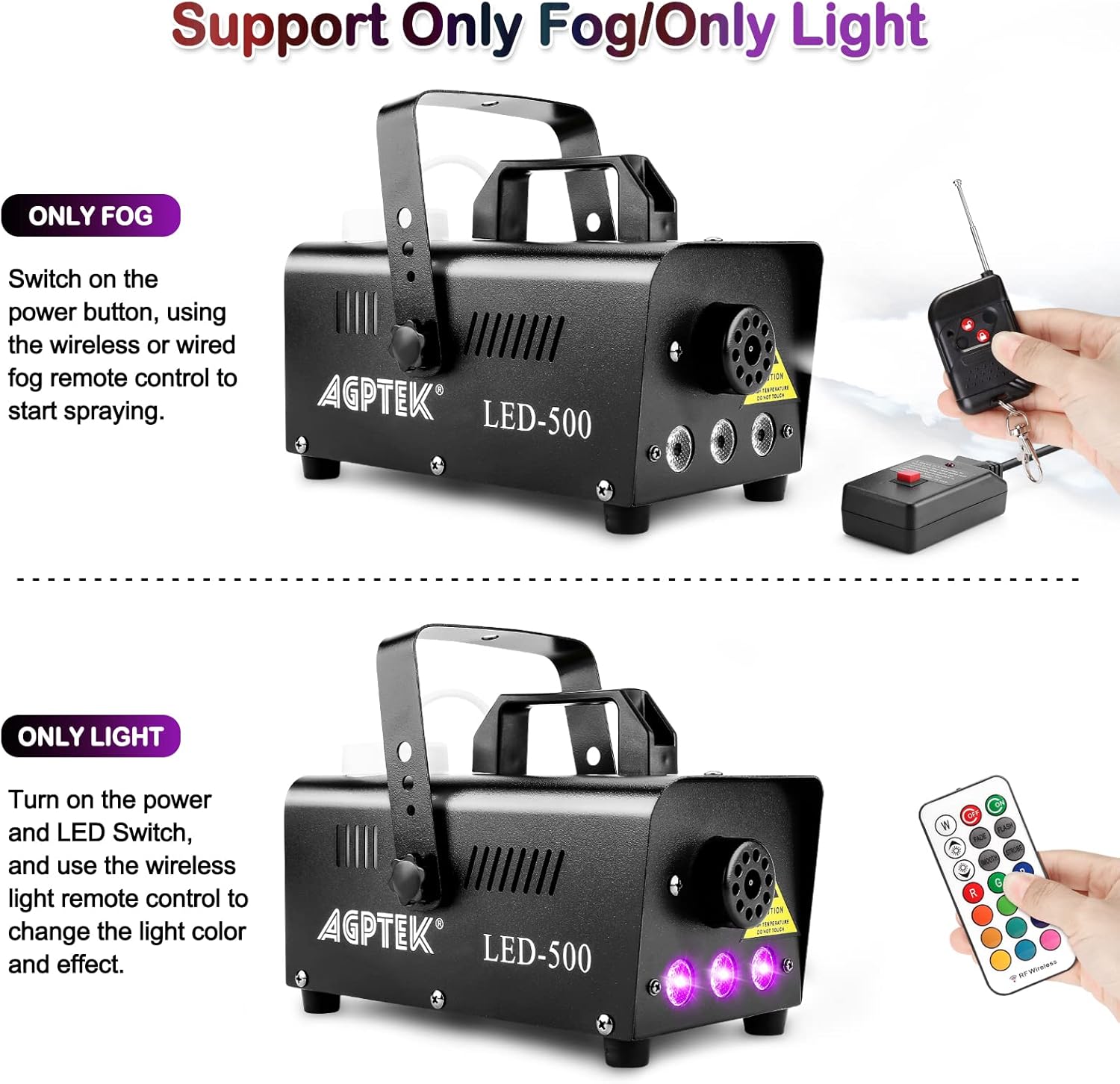 Smoke Machine, AGPTEK Fog Machine with 13 Colorful LED Lights Effect, 500W and 2000CFM Fog with 1 Wired Receiver and 2 Wireless Remote Controls, Perfect for Wedding, Halloween, Party and Stage Effect : Musical Instruments