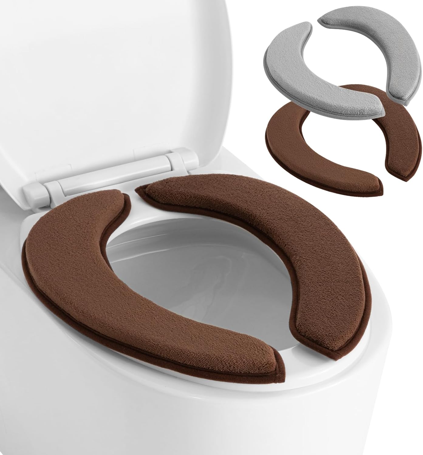 Soft Thicker Flannel Bathroom Toilet Seat Cover, 2 Pack Non Slip Warmer Comfortable Seat Cushions with Memory Foam, Easy Install with Self-Adhesive Tape, Reusable Toilet Lid Cover (Brown,Grey)