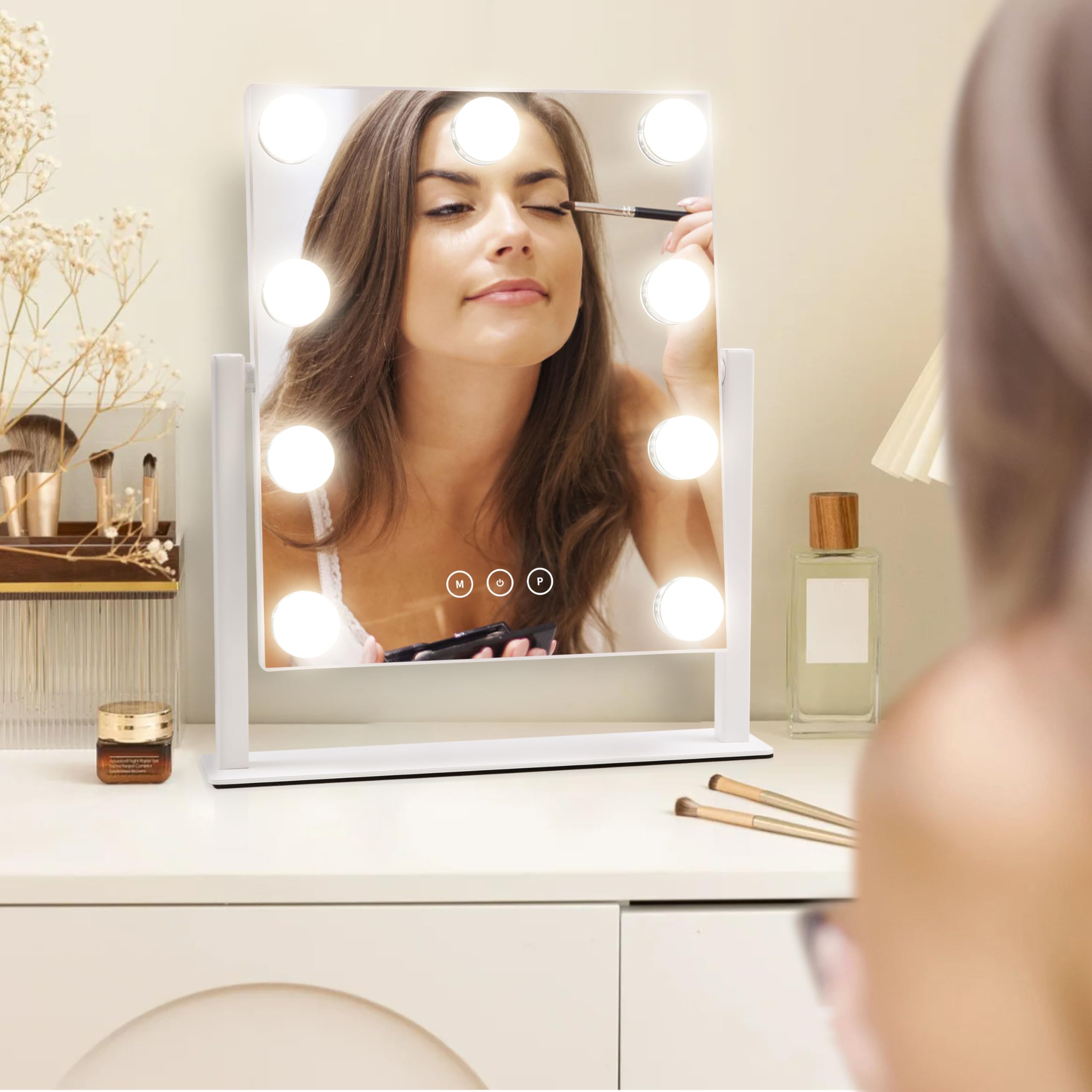 Generic Vanity Mirror with Lights, 9 Dimmable Bulbs, 3 Color Lighting Modes, Detachable 10x Magnification, Touch Control, Tabletop Mount, 3"L x 2"W,