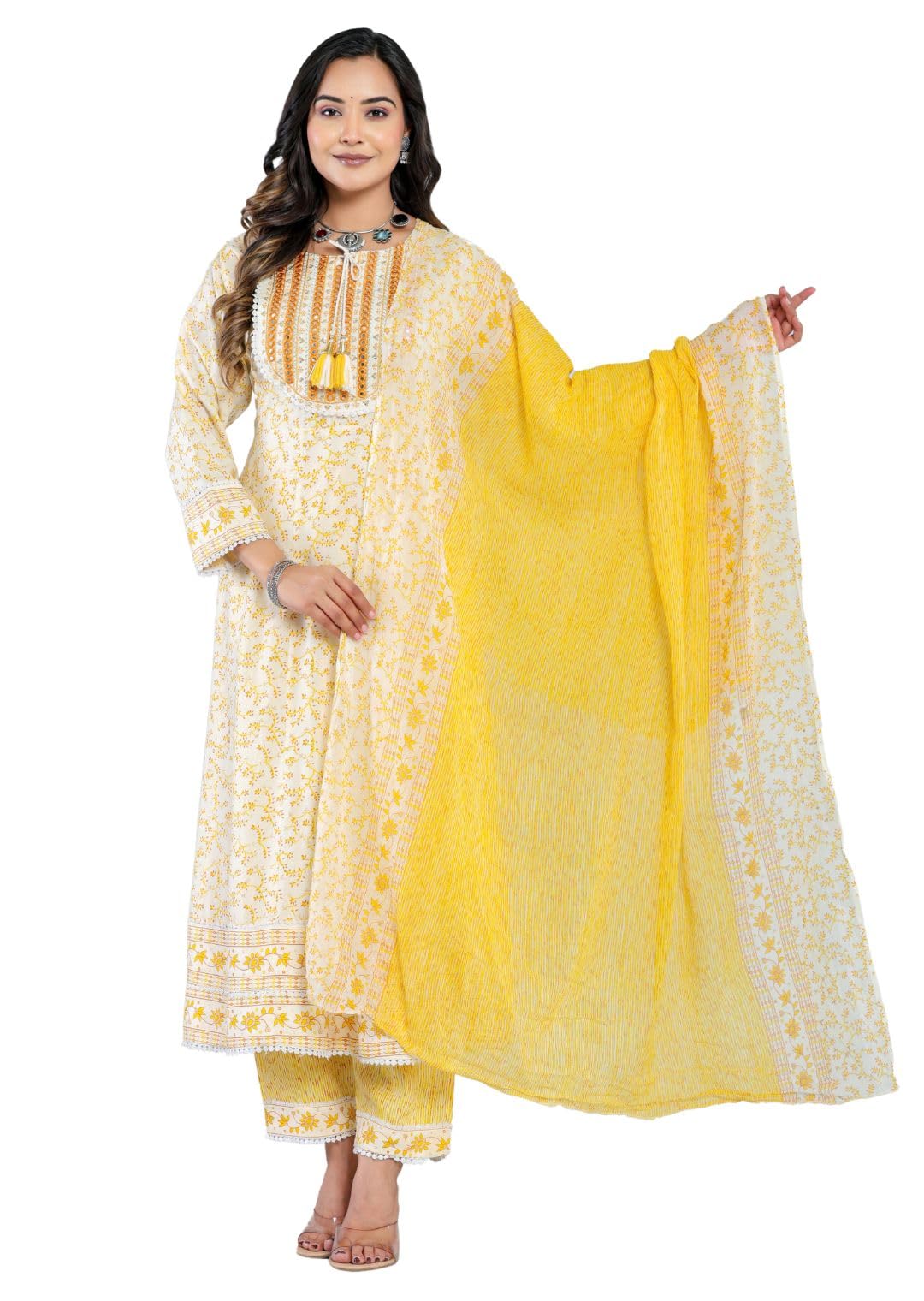 Rytras Women's Printed Anarkali Kurta Set With Palazzo Pants & Dupatta- Ethnic Wear, Yellow(Ryt584,Xxl)