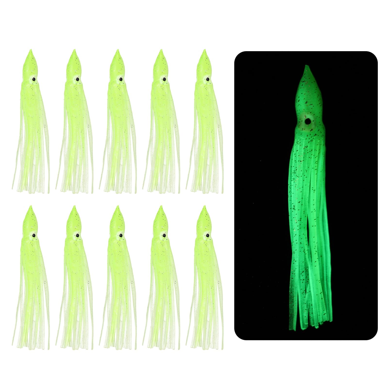 YELARXI Fishing Squid Skirts Lures Glow Soft, 4.7 x 0.5 Inch & 10 Pcs & Clear/Yellow