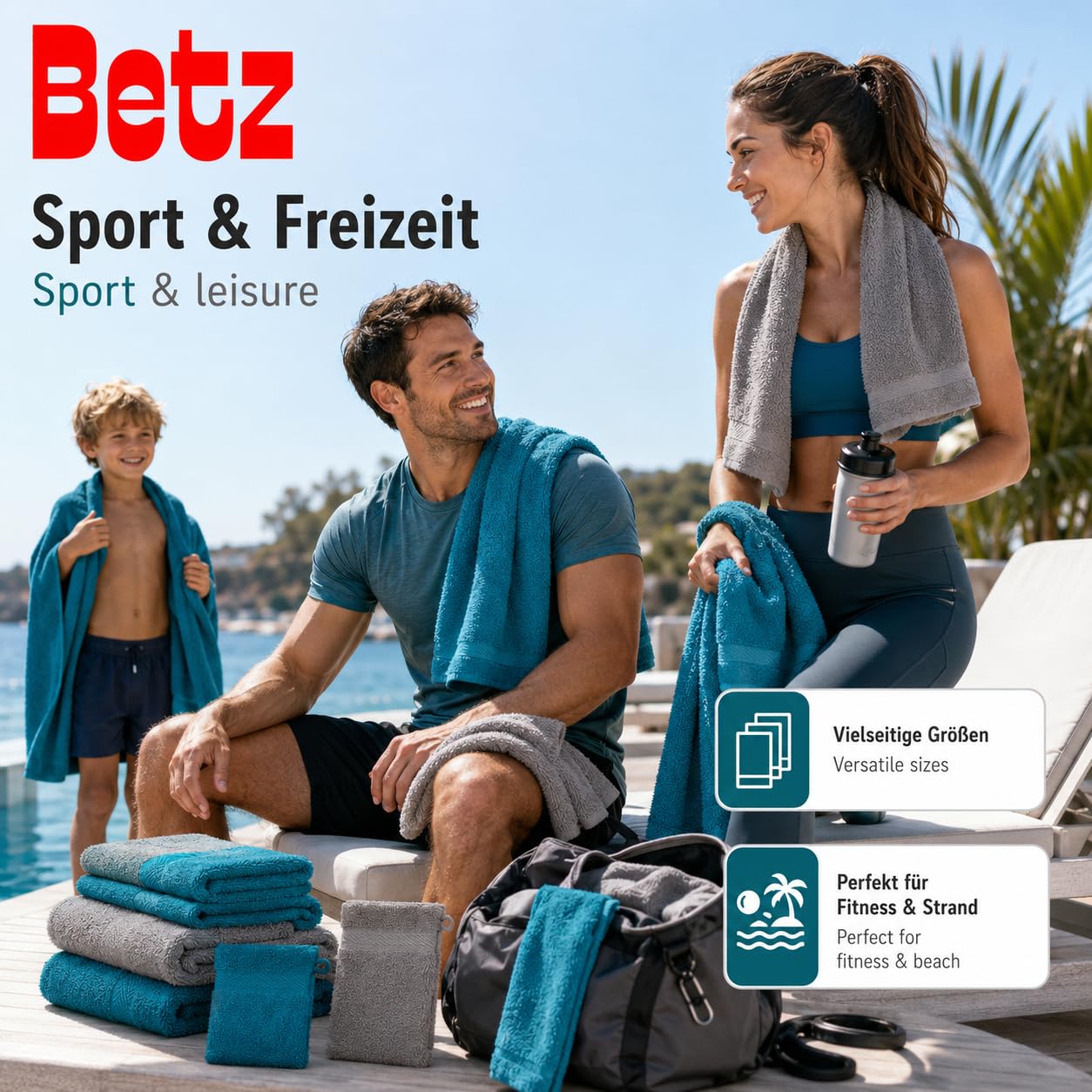 Betz Lot de 12 pièces 100% Coton Palermo 2 draps de Bain 4 Serviettes de Toilette 2 d'invités 2 lavettes 2 Gants de Toilette Couleur Bleu pétrole et Gris Pierre