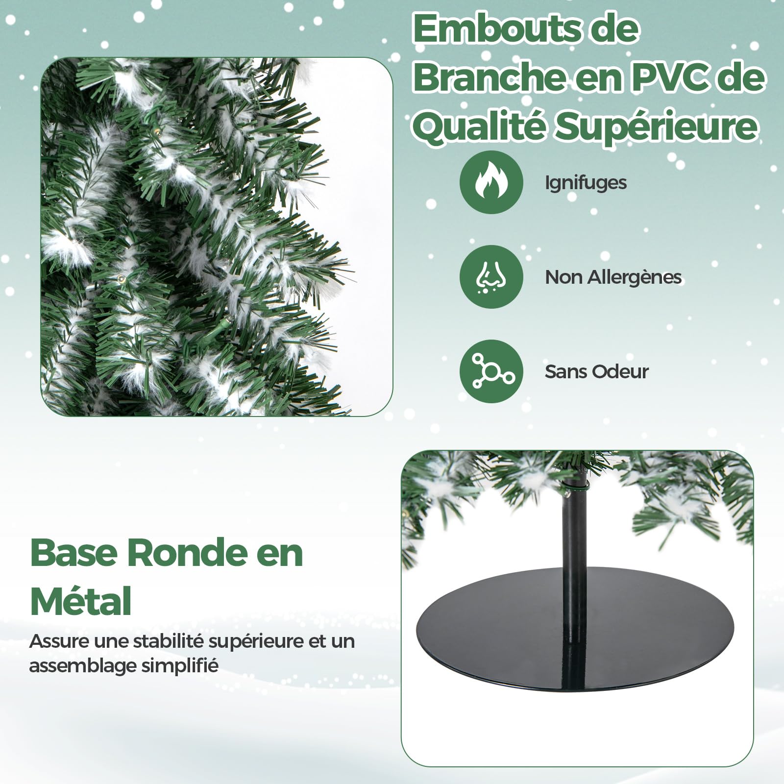 COSTWAY Lot de 3 Sapins de Noël Artificiels de 90 cm/120 cm/150 cm, Sapin de Noël Enneigé avec 129/231/369 Branches en PVC et 50/100/150 Lumières LED Blanc Chaud (Vert, 120+150+180 cm)