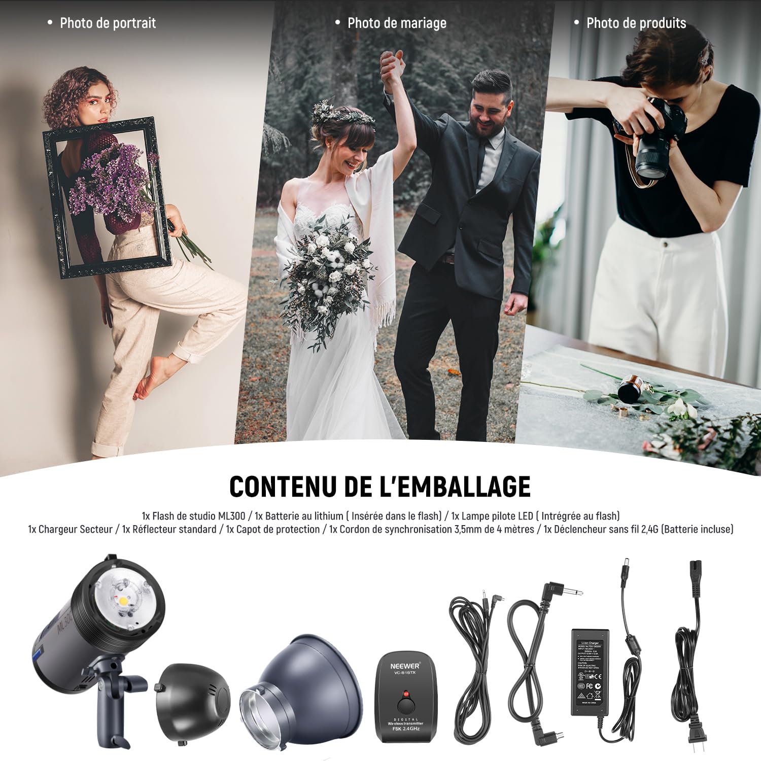 NEEWER ML300 300W GN60 Studio Extérieur Flash Alimenté par Batterie Monolight Déclencheur sans Fil 2,4 GHz, 1000 Flashs Pleine Puissance, Temps de Recyclage 0,4-2,5s, Monture, Pack de 2 Batteries