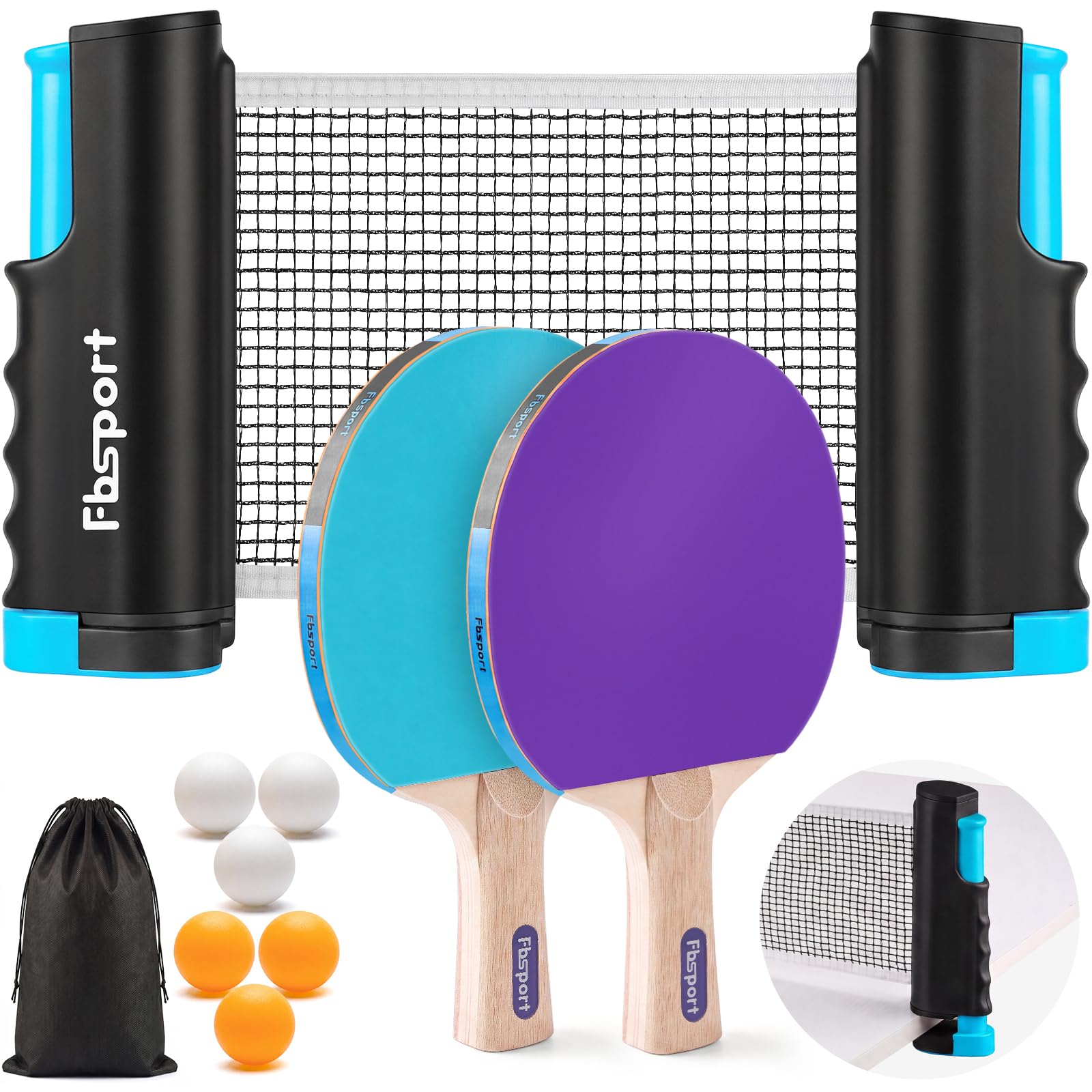 FBSPORT Ping Pong Paddle Set, Portable Table Tennis Set with Retractable Net,Rackets,Balls and Carry Bag for Indoor/Outdoor Games