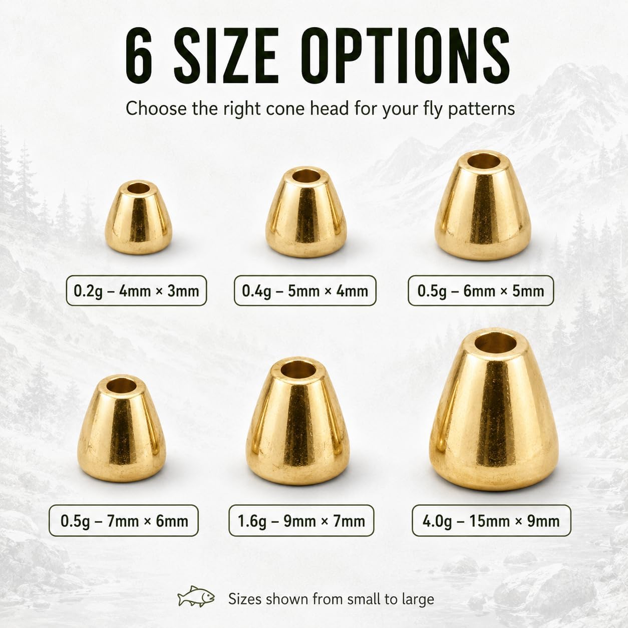 Brass Cone Heads for Fly Tying 50PCS - Conehead Beads for Streamers, Woolly Buggers, Nymphs and Tube Flies, Fly Tying Materials for Trout Salmon Steelhead, 4 Colors