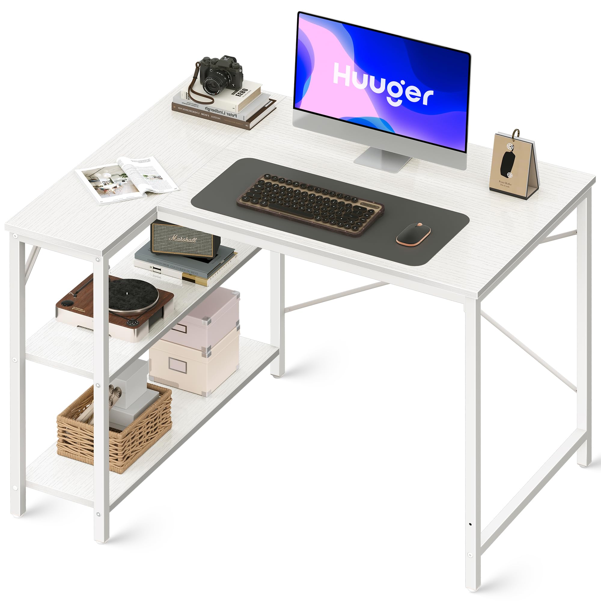 L Shaped Desk, 39 Inches Computer Desk with Reversible Storage Shelves, Gaming Desk, Corner Desk Home Office Desks, Writing Desk Study Desk with Metal Frame, White