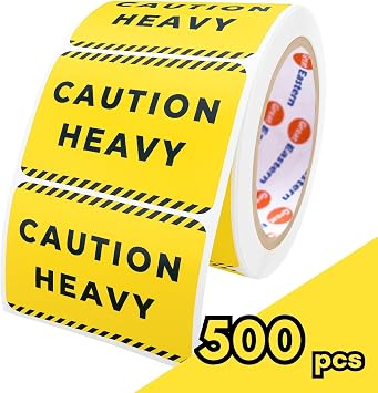 Great Eastern 500 PCS Caution Heavy Stickers 3" x 2" Waterproof Yellow Warning Labels, Removable Adhesive for Shipping, Handling, Packages, Pallets & Moving Boxes 1 Roll