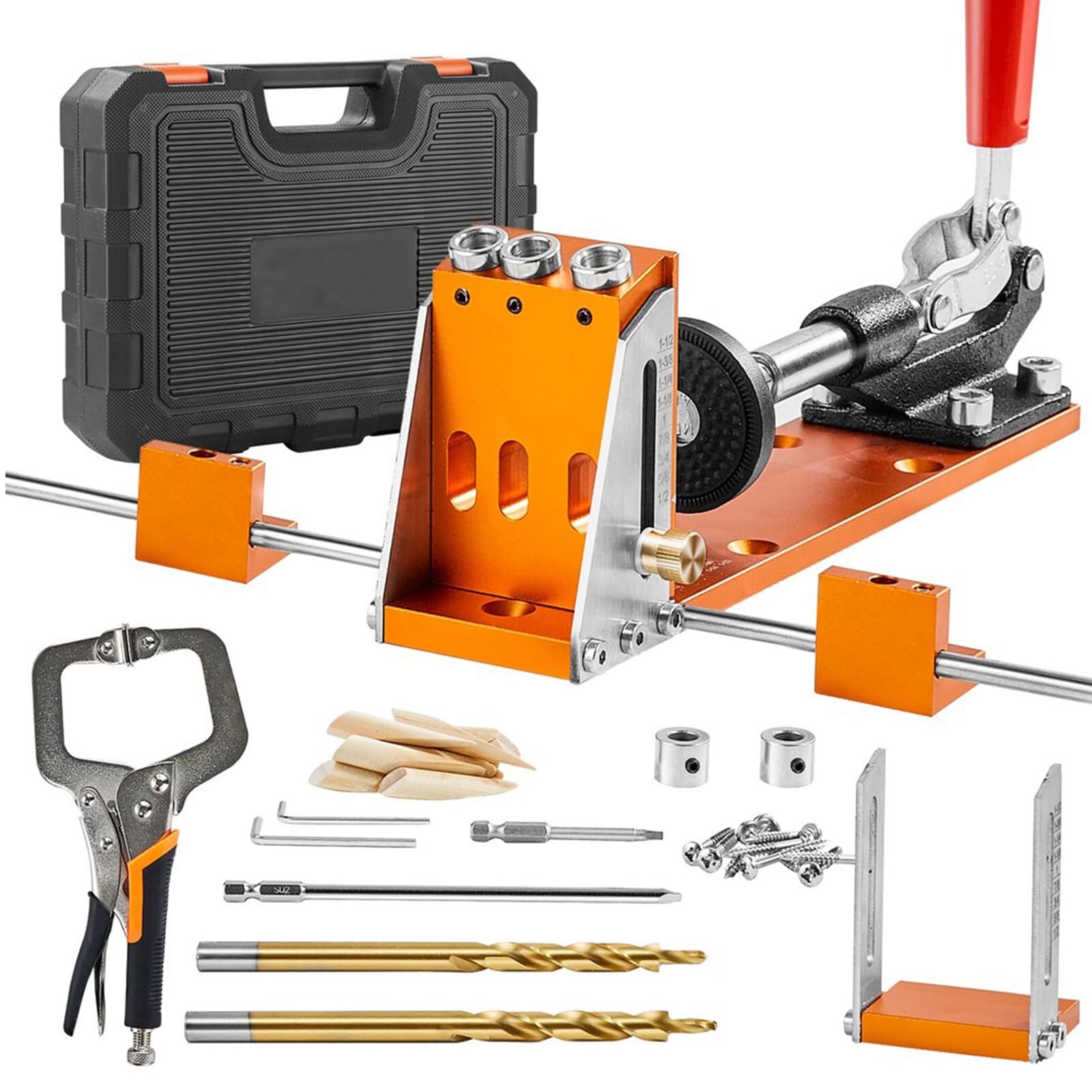 Pocket Hole Jig Kit, Hole Jig System with 11" C-clamp, Fixture, Step Drills, Wrenches, Drill Stop Rings, Square Drive Bits, Toolbox, for DIY Carpentry Projects, Adjustable