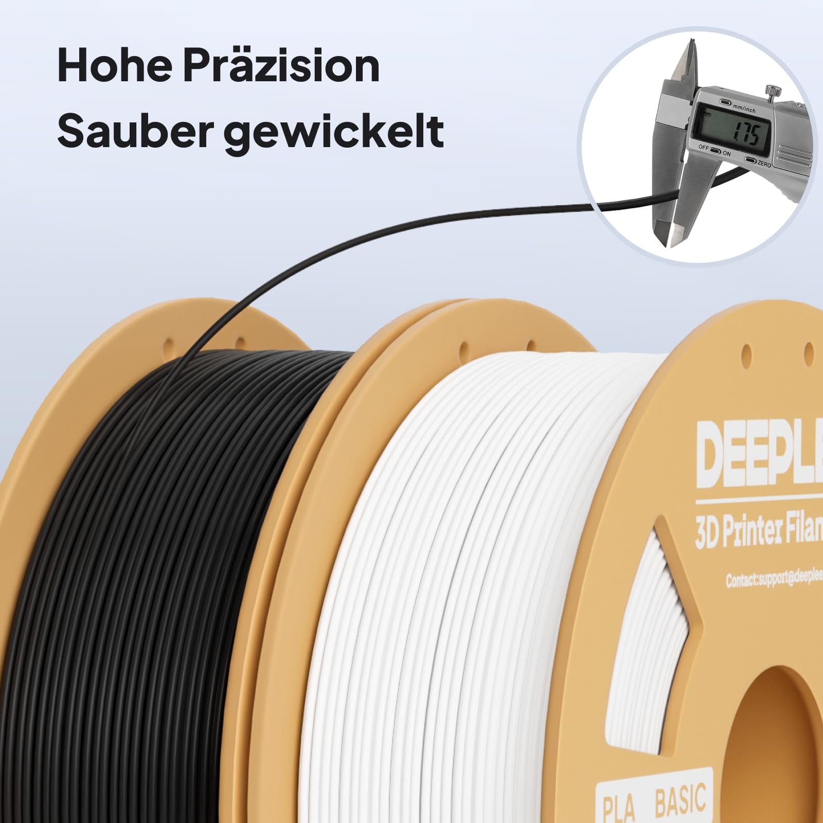 DEEPLEE Filament PLA Basic czarny, biały, czerwony i niebieski 4 kg 1,75 mm z dokładnością wymiarową +/- 0,02 mm, wysoka wytrzymałość, 4 szpule kartonowe do drukarek 3D FDM