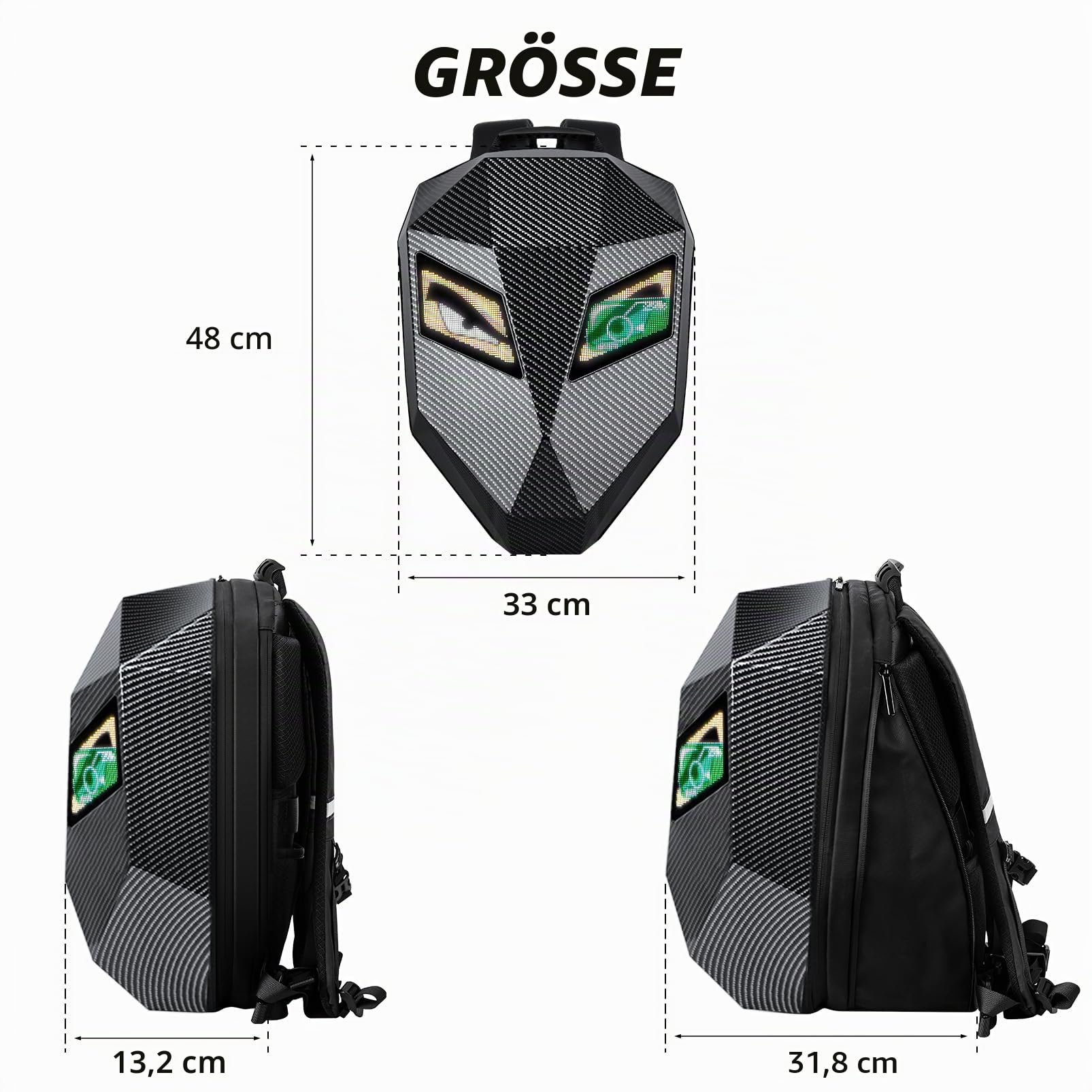 48 cm LED Motorrad Knight Rucksack für Männer, Hard Case Fahrrucksack Motorrad Laptop Tasche Wasserdicht, DIY Programmierbarer Full Color Display & Augen