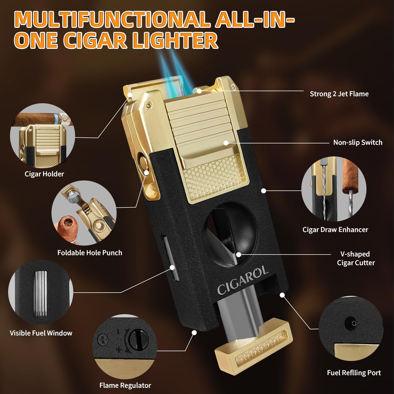 5-in-1 Cigar Torch Lighter, Double Jet Flame Butane Lighter with V-Cutter, Cigar Punch, Draw Enhancer & Cigar Rest, Refillable Windproof Travel Cigar Lighter for Men, Gold