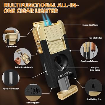 5-in-1 Cigar Torch Lighter, Double Jet Flame Butane Lighter with V-Cutter, Cigar Punch, Draw Enhancer & Cigar Rest, Refillable Windproof Travel Cigar Lighter for Men, Gold