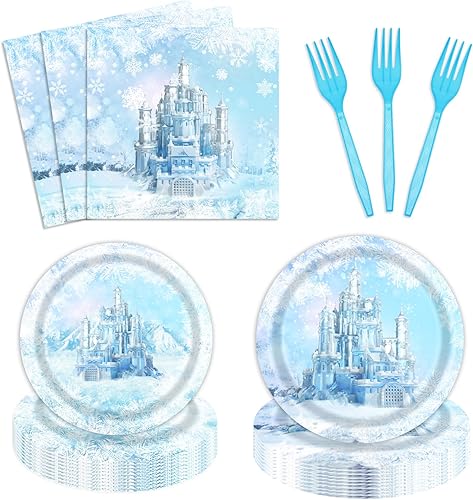 96 piezas de suministros de fiesta de Frozen para 24 invitados, castillos de hielo de invierno, platos de papel y servilletas, suministros de