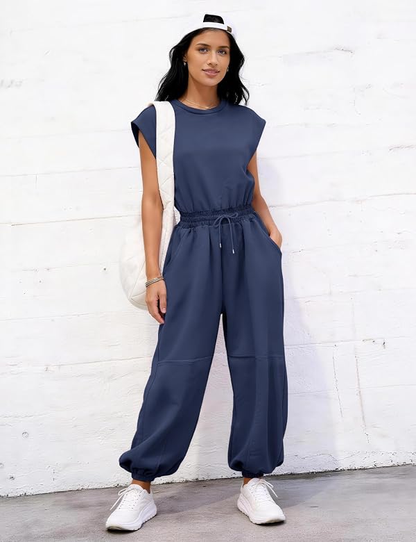 Flygo Womens Casual Jumpsuit Crewneck Cap Sleeve Long Wide Leg Pants One Piece Outfits Drawstring Romper with Pockets(NavyBlue-M) by Flygo - Used condition - Image 5