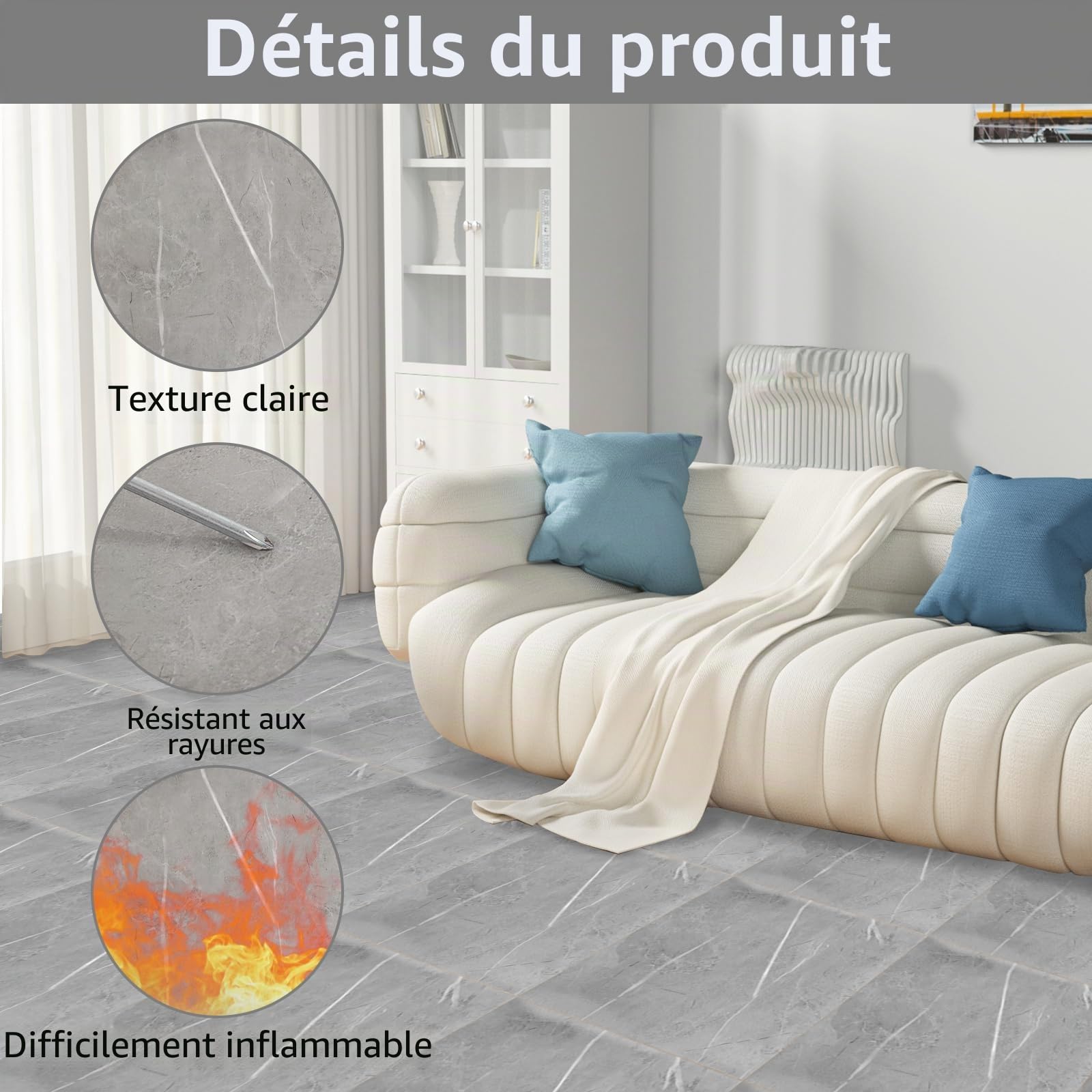 40 Pièces Dalle PVC Adhésive 30x30 cm, Revêtement de Sol 1,3 mm, Parquet Marbre Adhésif, Lino en Rouleau pour Salon, Cuisine, Chambre