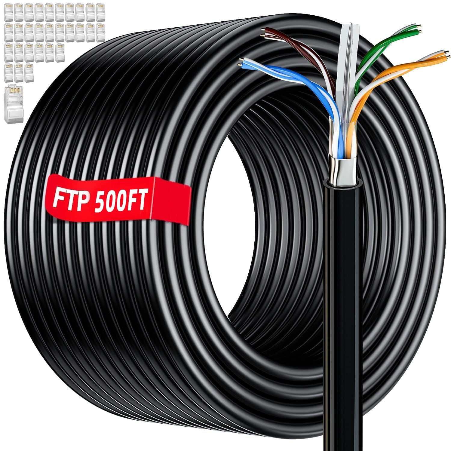 Cable Ethernet Cat 6 de 500 pies para exteriores, cable blindado Cat 6 a granel 23 AWG, cable de red FTP de entierro directo Haevy Duty, cable de conexión LAN RJ45, impermeable, resistente a los rayos