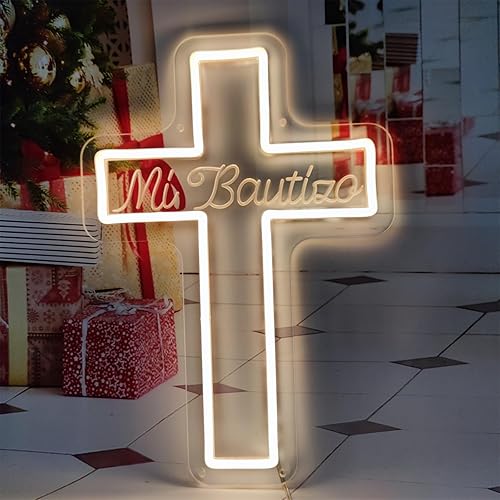 Miniatura 2 de Letrero de neón Mi Bautizo para decoración de pared de bautismo, letrero de neón LED Mi Bautizo de 10.9 x 15.7 pulgadas, letrero de neón de cruz de