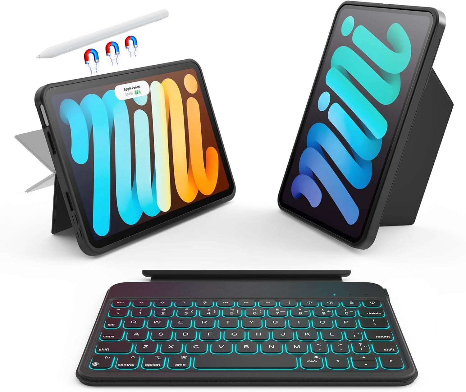 for iPad mini 6/7 (A17 Pro) 8.3" Detachable Magnetic Keyboard Case Full Protection, Scratch-Resistant Leather, 156° Stand, 7 Backlits & Rechargeable Pencil Holder & 11 Shortcuts (Black)
