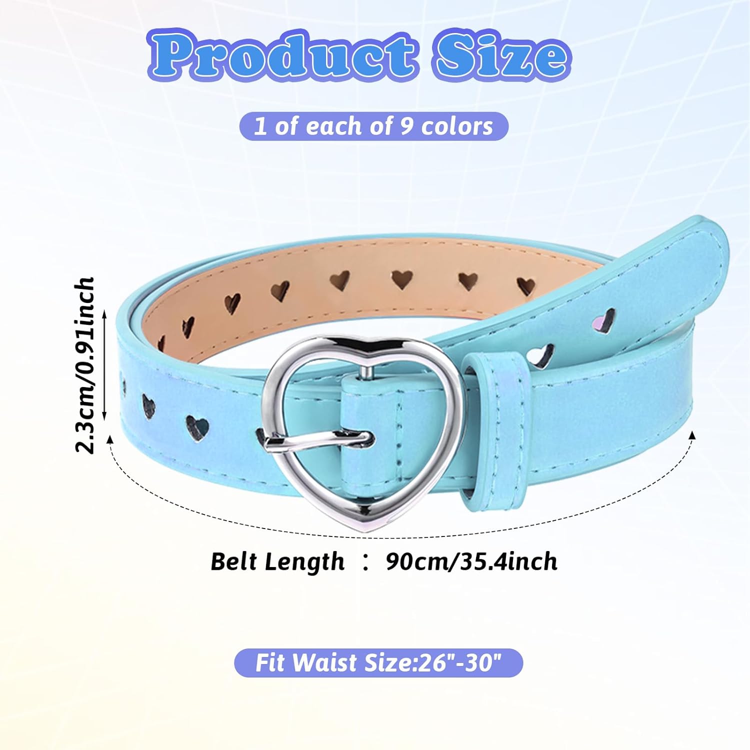 9 Pcs Girls Belt Size 6-12 Kids,Nine Colors Elastic Adjustable PU Leather Kids Belts,Hollow Heart-Shaped Metal Buckle Waist Belt for Girls Dress Pants Denim Skirts - Image 2