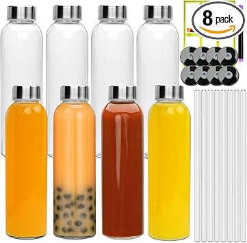 8 Pack Glass Water Bottles with Lids,16oz Juice Bottles
