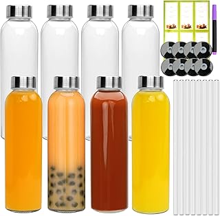 Encheng 16oz Glass Bottles,Reusable Glass Juice Bottles with Lids and Straws,Set of 8,Clear Glass Water Juicer Containers with Two-types of Lid for Beverage,Smoothies,Milk,Iced Coffee,Tea,Sauces